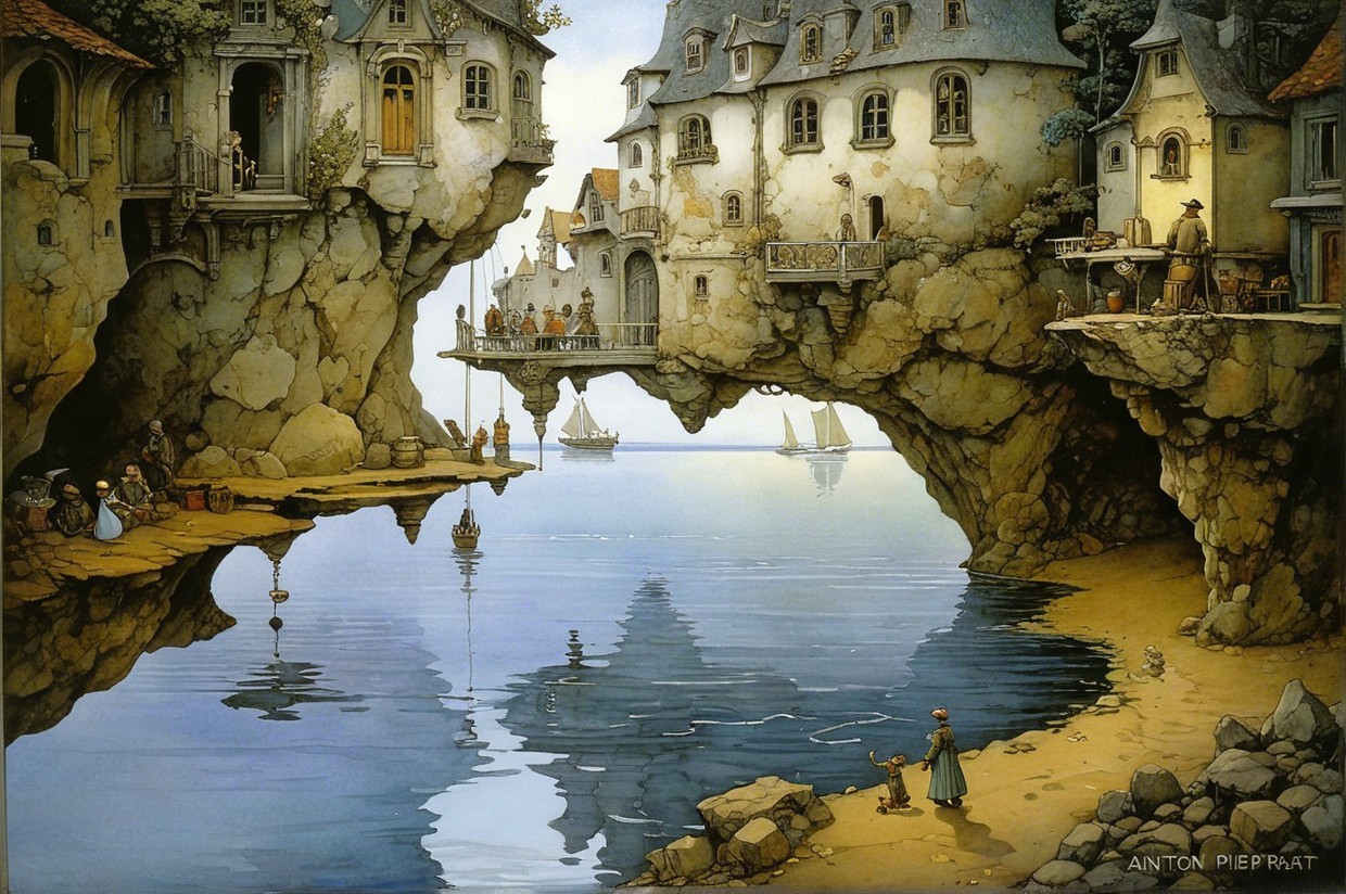 Seaside Village with Cliffs, Houses, and Calm Waterway