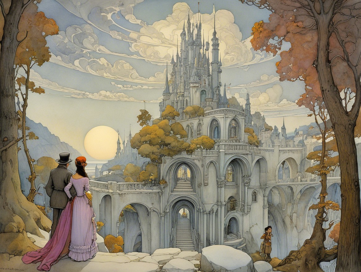Couple in Dreamlike Landscape with Ethereal Castle