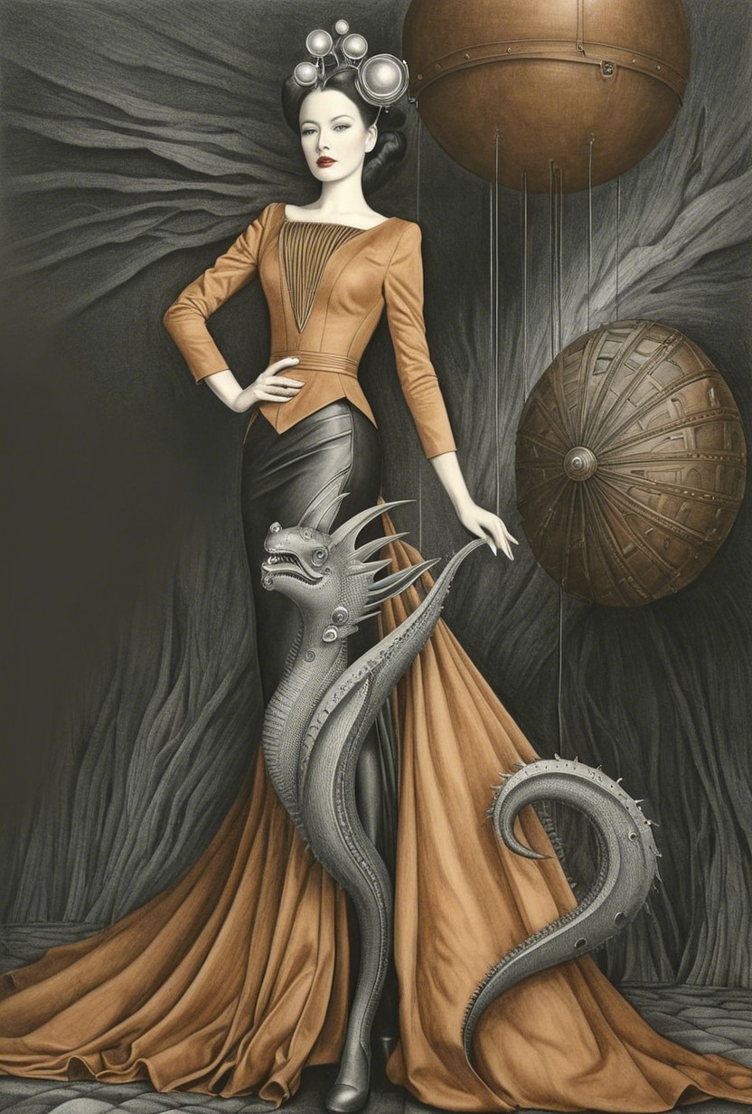 Futuristic gown with bronze skirt and mechanical dragon