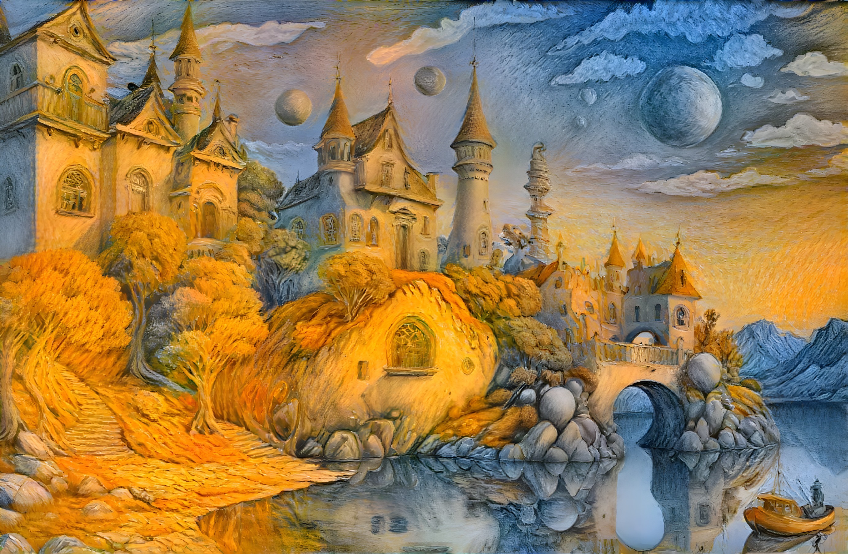 Whimsical Landscape with Castles and Vibrant Trees