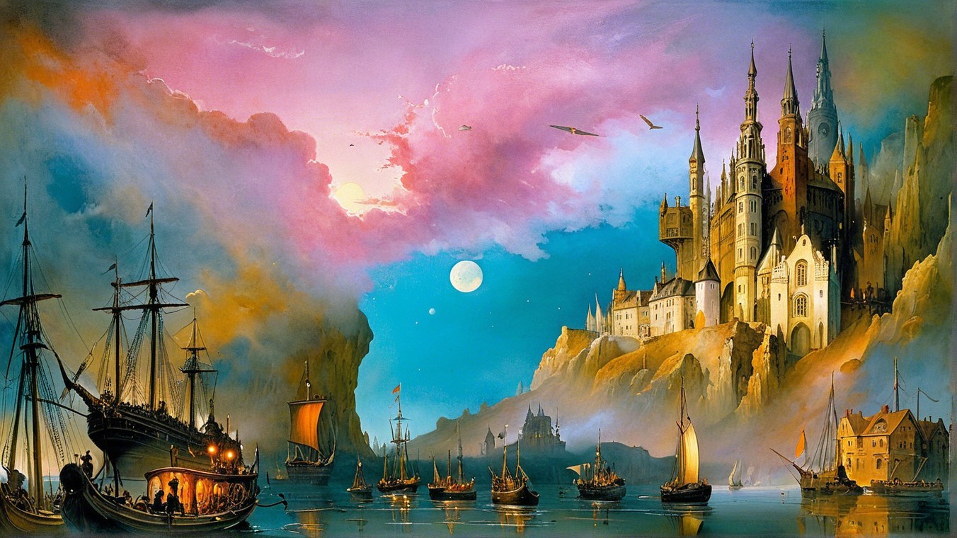 Fantasy Landscape with Castle and Twilight Sky