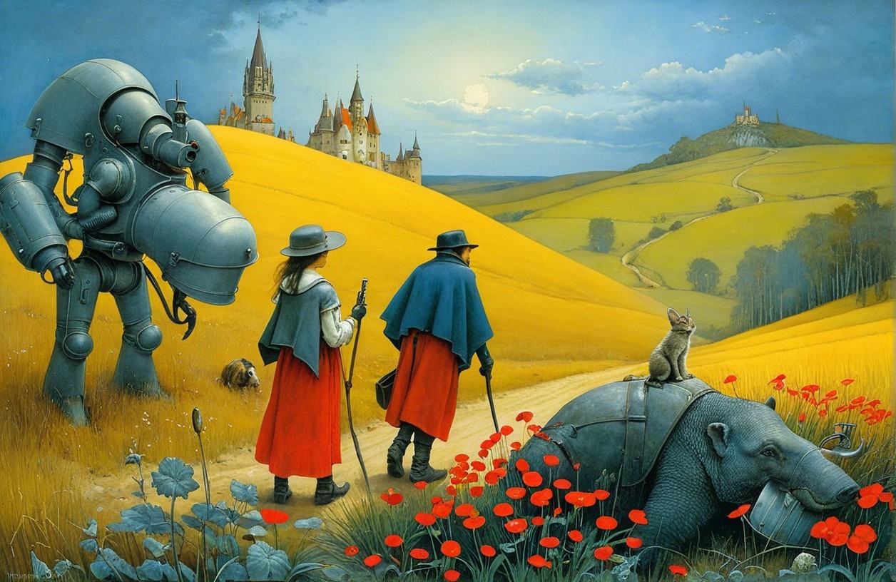 Whimsical Landscape with Robot and Travelers in Hats