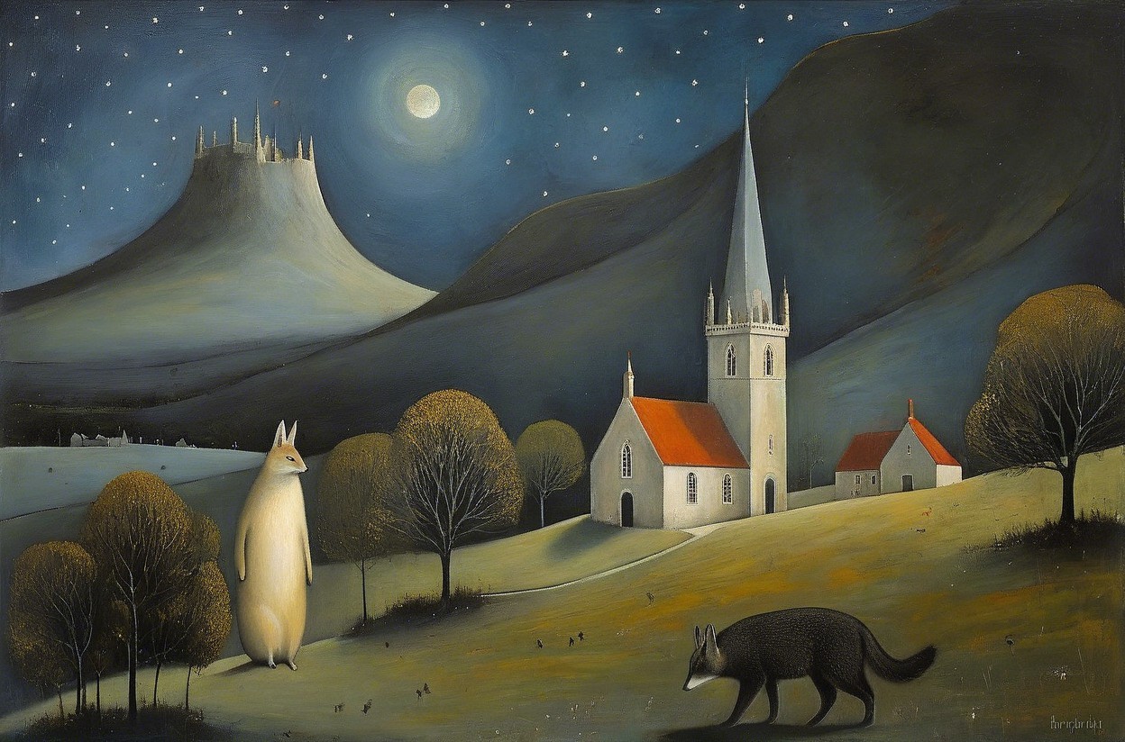 Surreal Nighttime Landscape with Whimsical Creatures