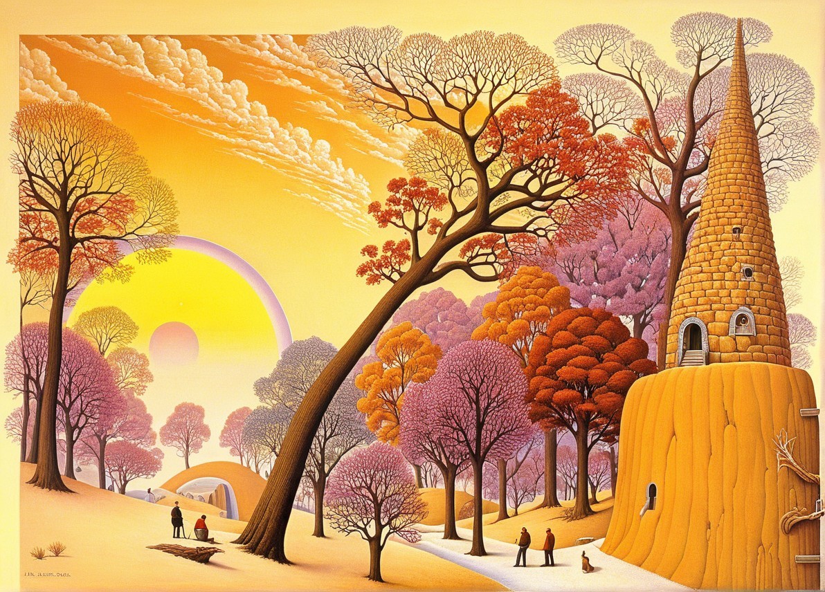 Whimsical Landscape with Oversized Tower and Autumn Trees