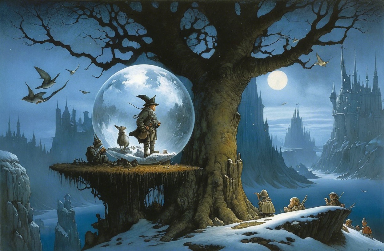 Whimsical Figure in Wintry Landscape Under Moonlight
