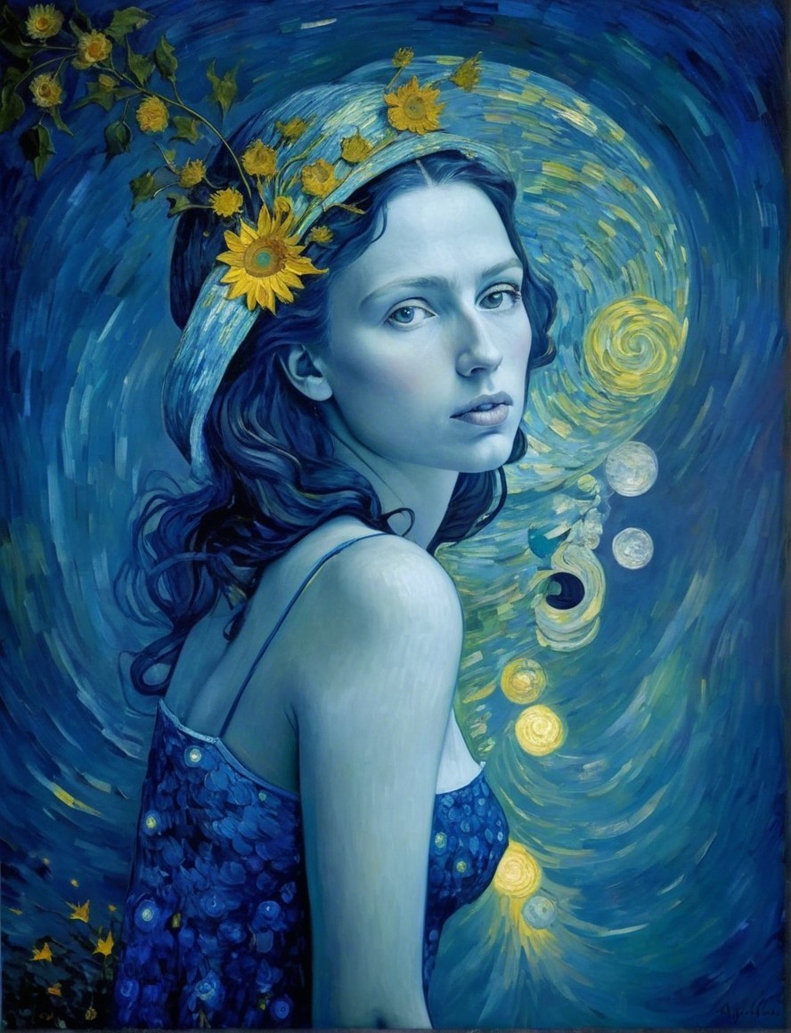 Portrait of a Woman in Blue Dress with Sunflower Crown