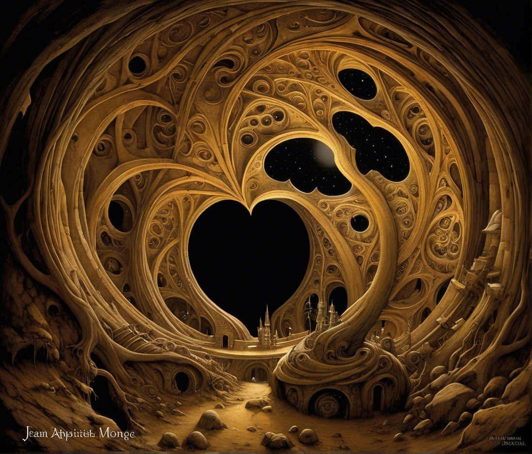 Surreal Landscape with Heart-Shaped Structures and Stars