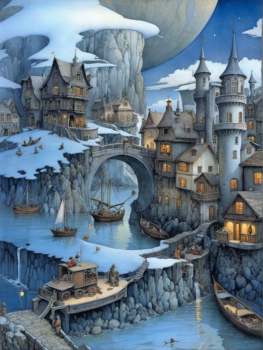Whimsical Fantasy Landscape with Village and Castle