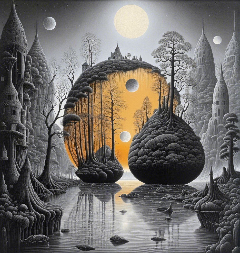 Surreal Monochrome Landscape with Vibrant Orange Circle