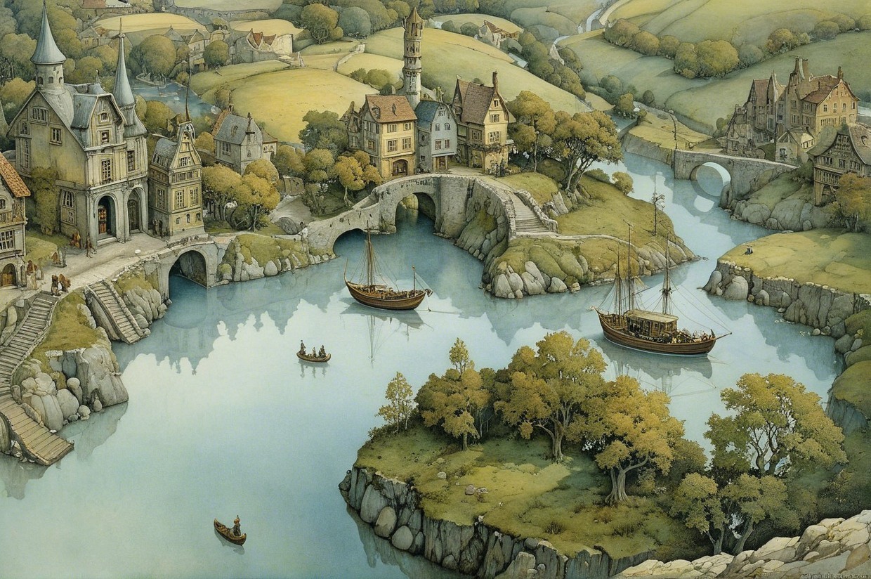 Picturesque Village Landscape by a Calm River