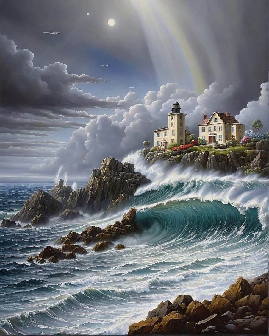 Dramatic Seascape with Waves, Cliffs, and Moonlight