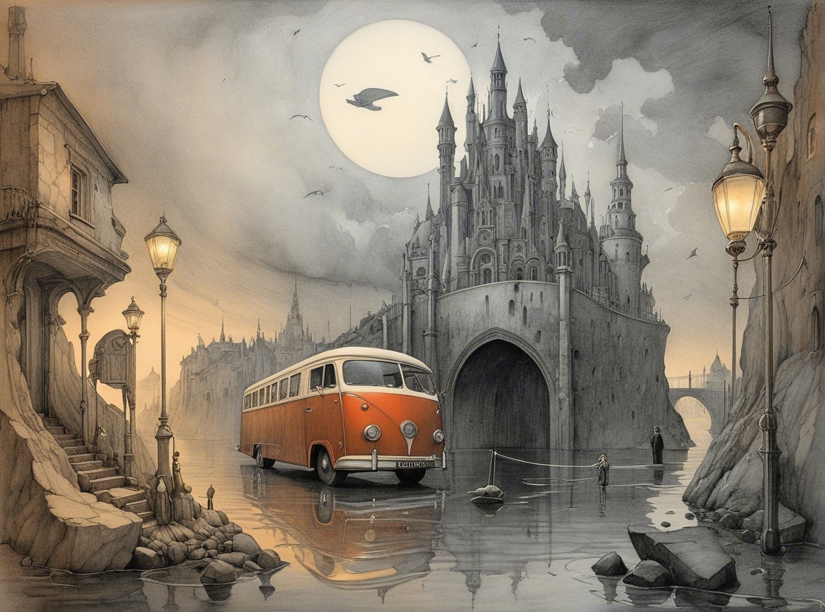 Vintage bus by tranquil river and fantastical castle