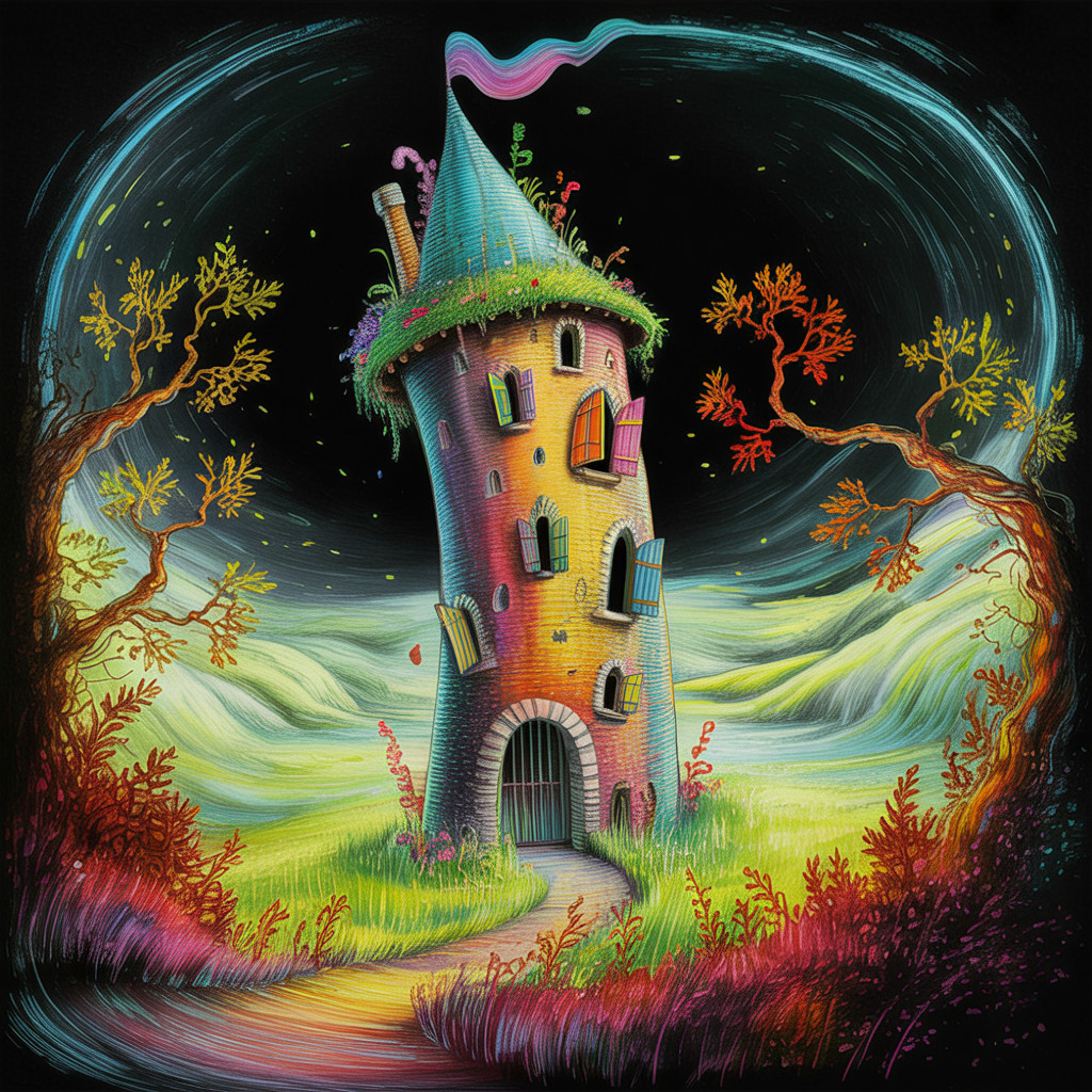 Whimsical Tower with Colorful Bricks and Green Roof