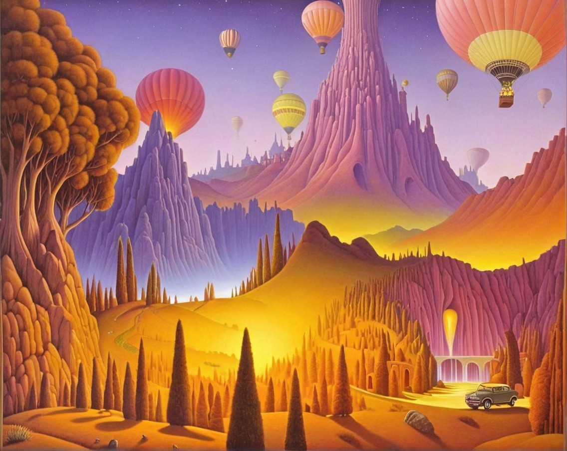 Surreal Landscape with Mountains and Hot Air Balloons