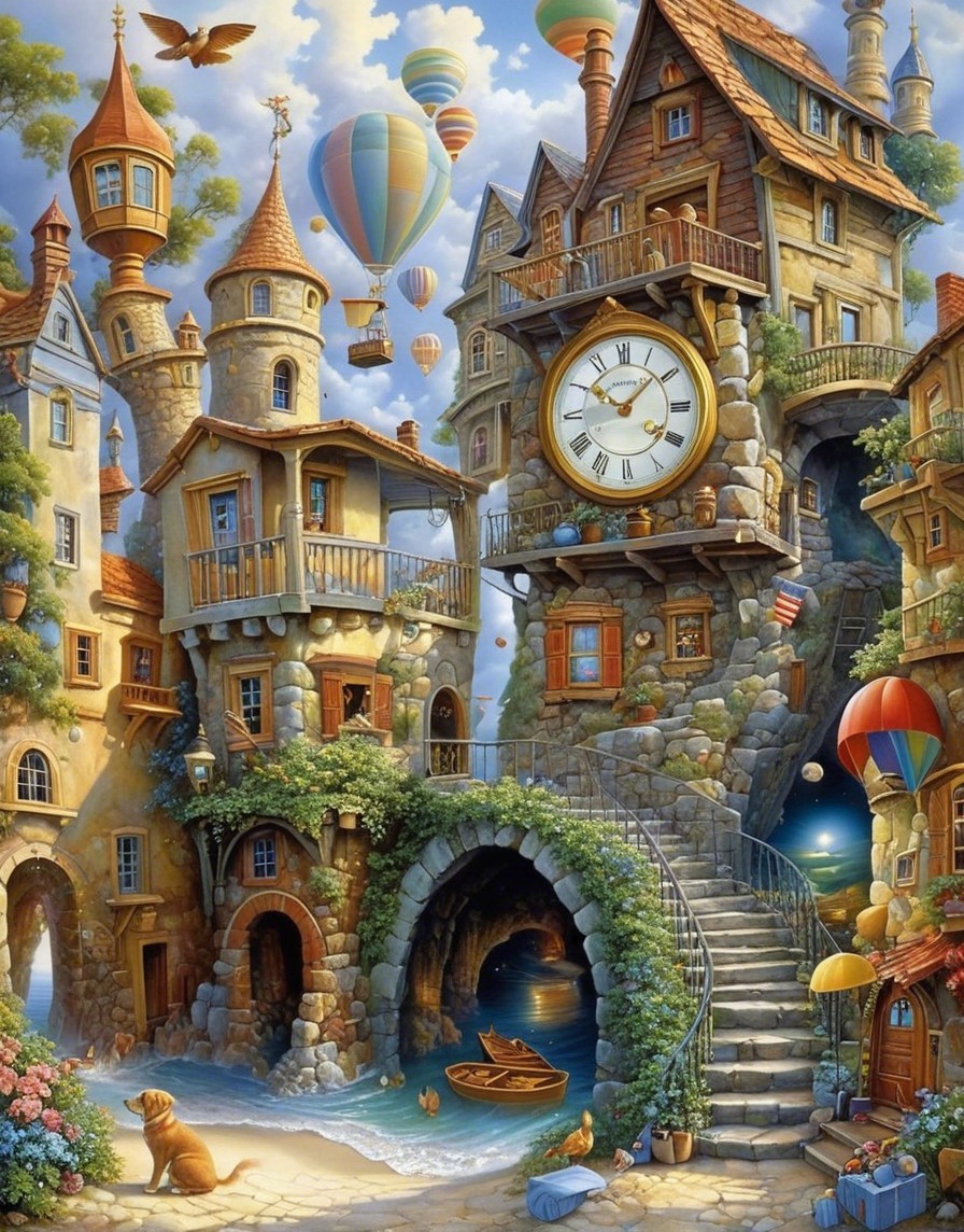 Whimsical village with charming houses and hot air balloons