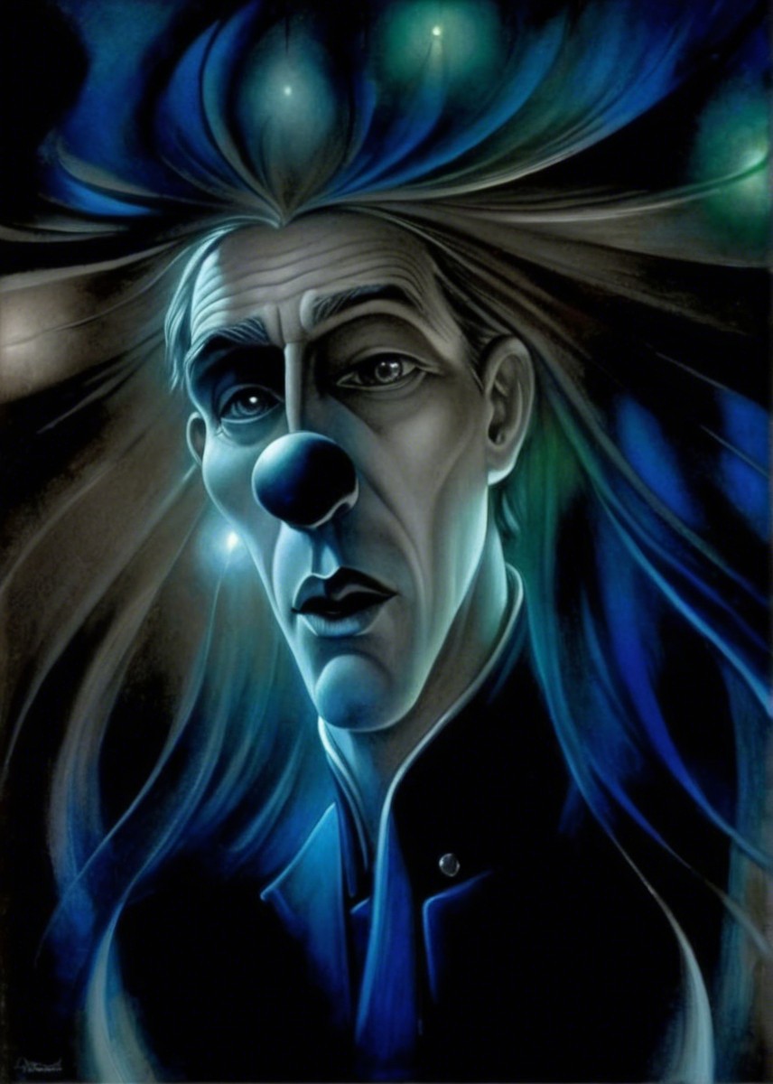 Stylized Portrait of a Somber Clown with Blue Nose