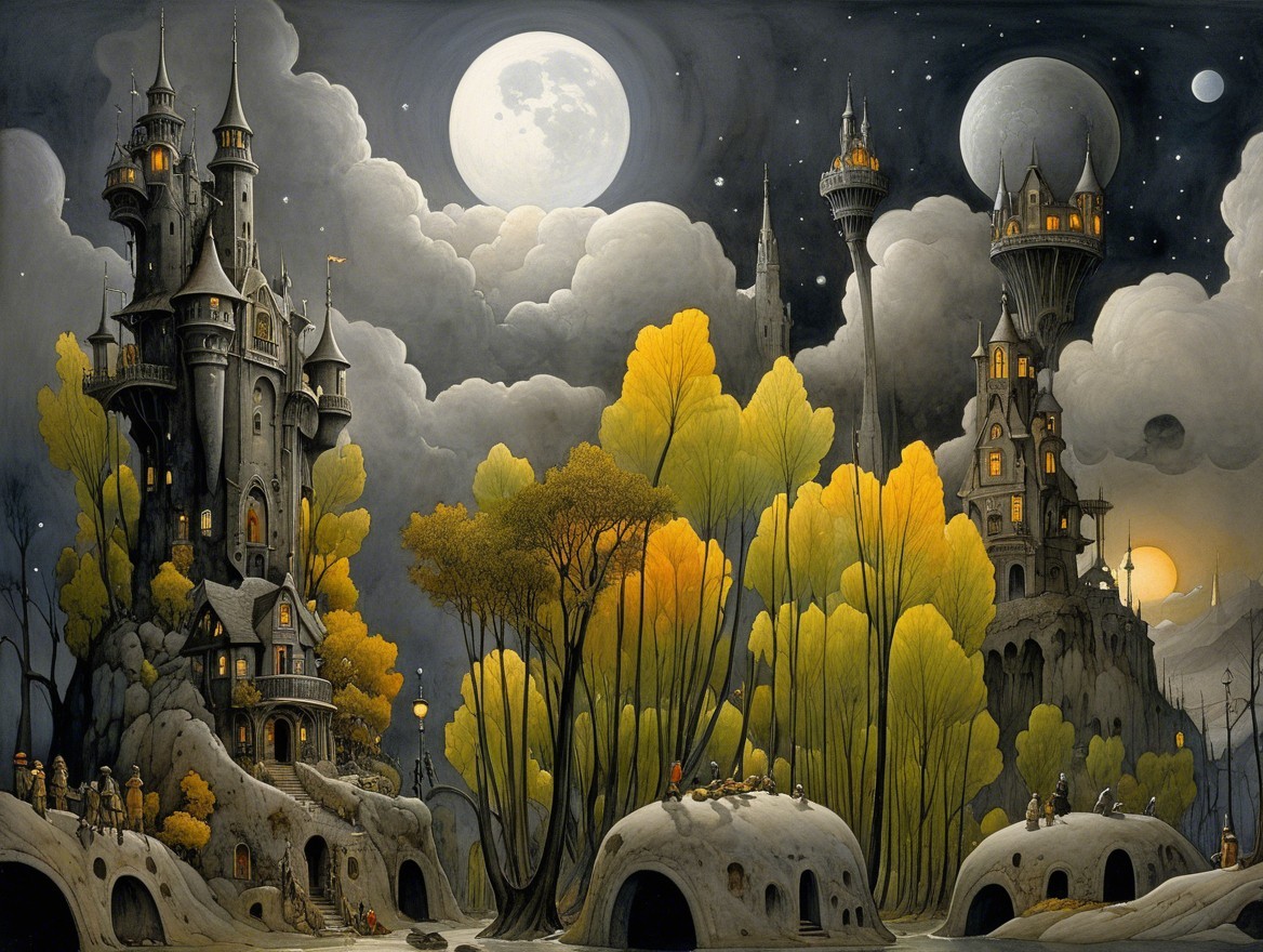Whimsical Landscape with Castles and Starry Sky