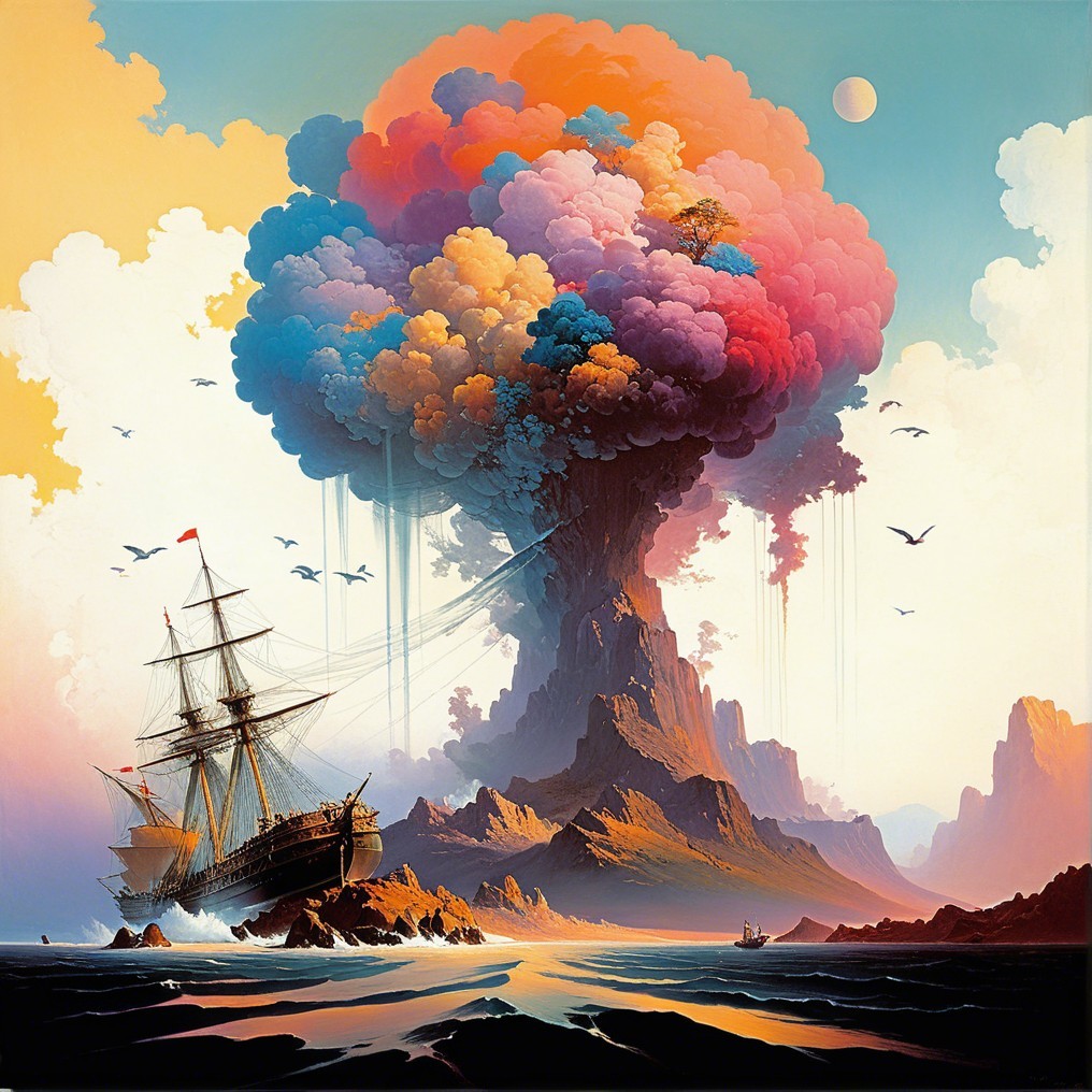 Majestic Ship Near Erupting Volcano at Night