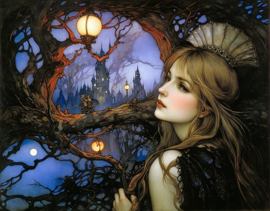 Young Woman on Branch in Dreamy Twilight Landscape
