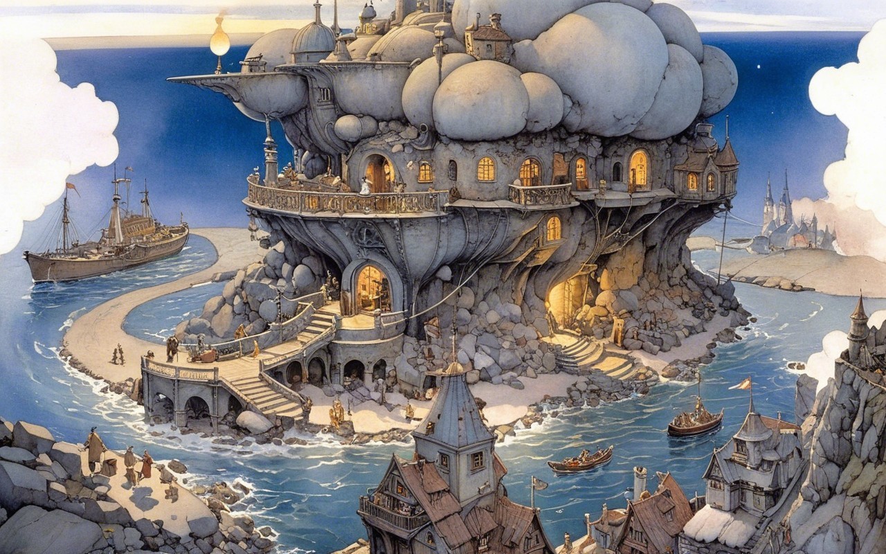 Whimsical Coastal Village with Intricate Architecture