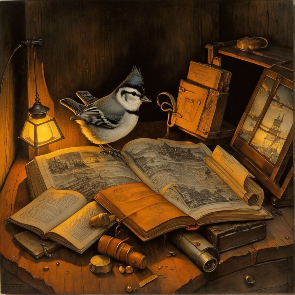 Still Life with Blue Tit, Vintage Books, and Lantern