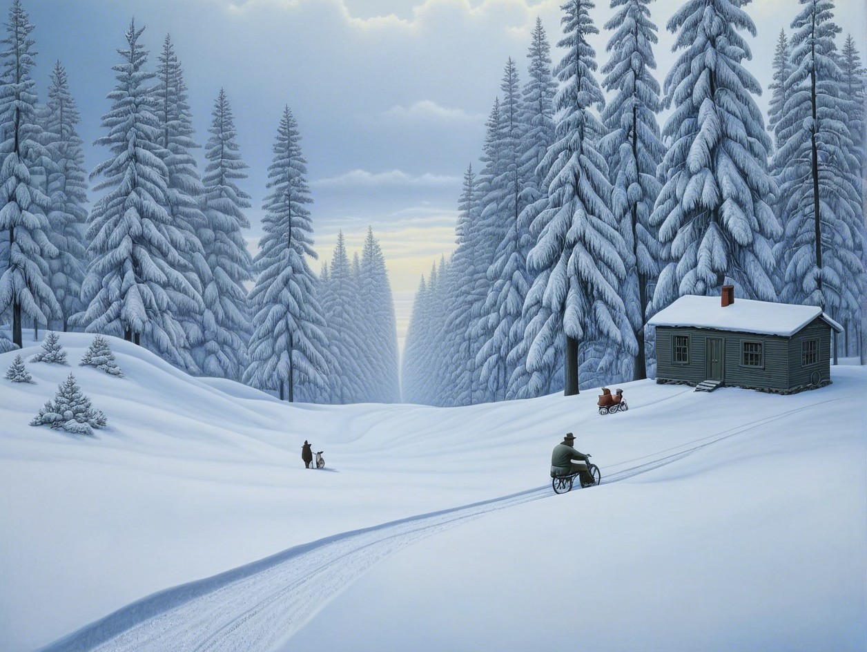 Winter Landscape with Snow-Covered Trees and Cabin