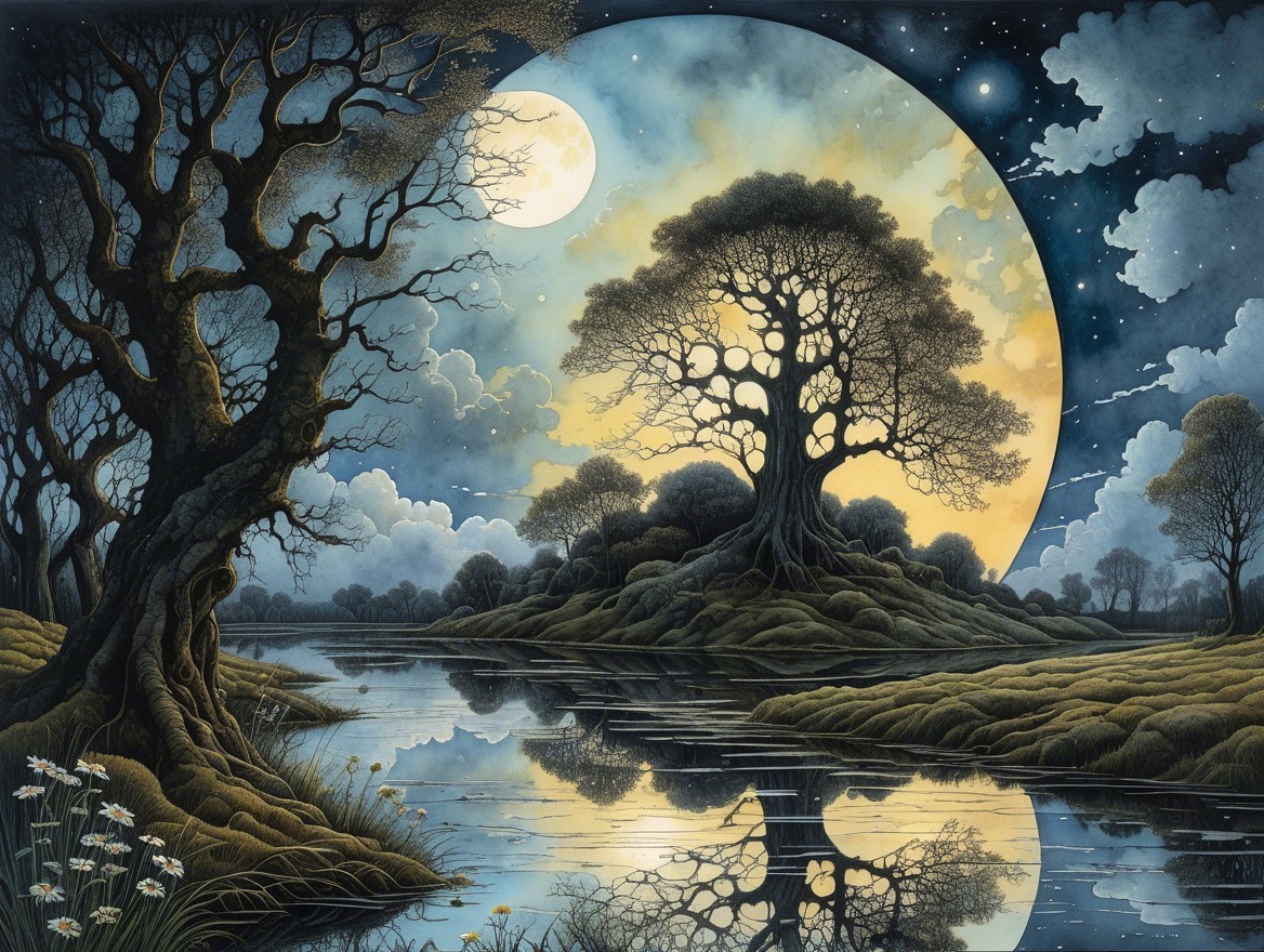 Serene Moonlit Landscape with Tranquil Lake and Trees