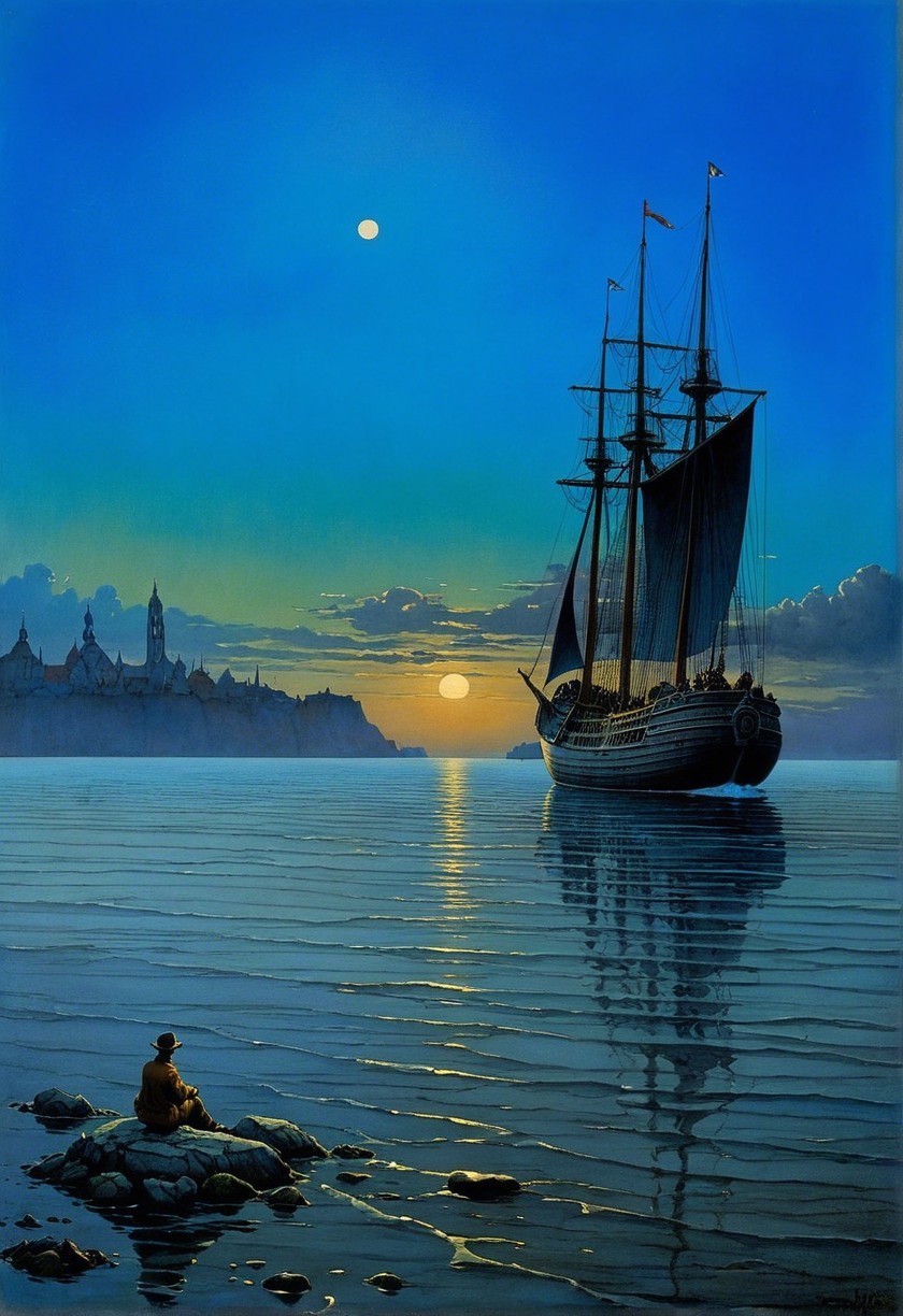 Twilight Scene with Figure by Water and Distant Town