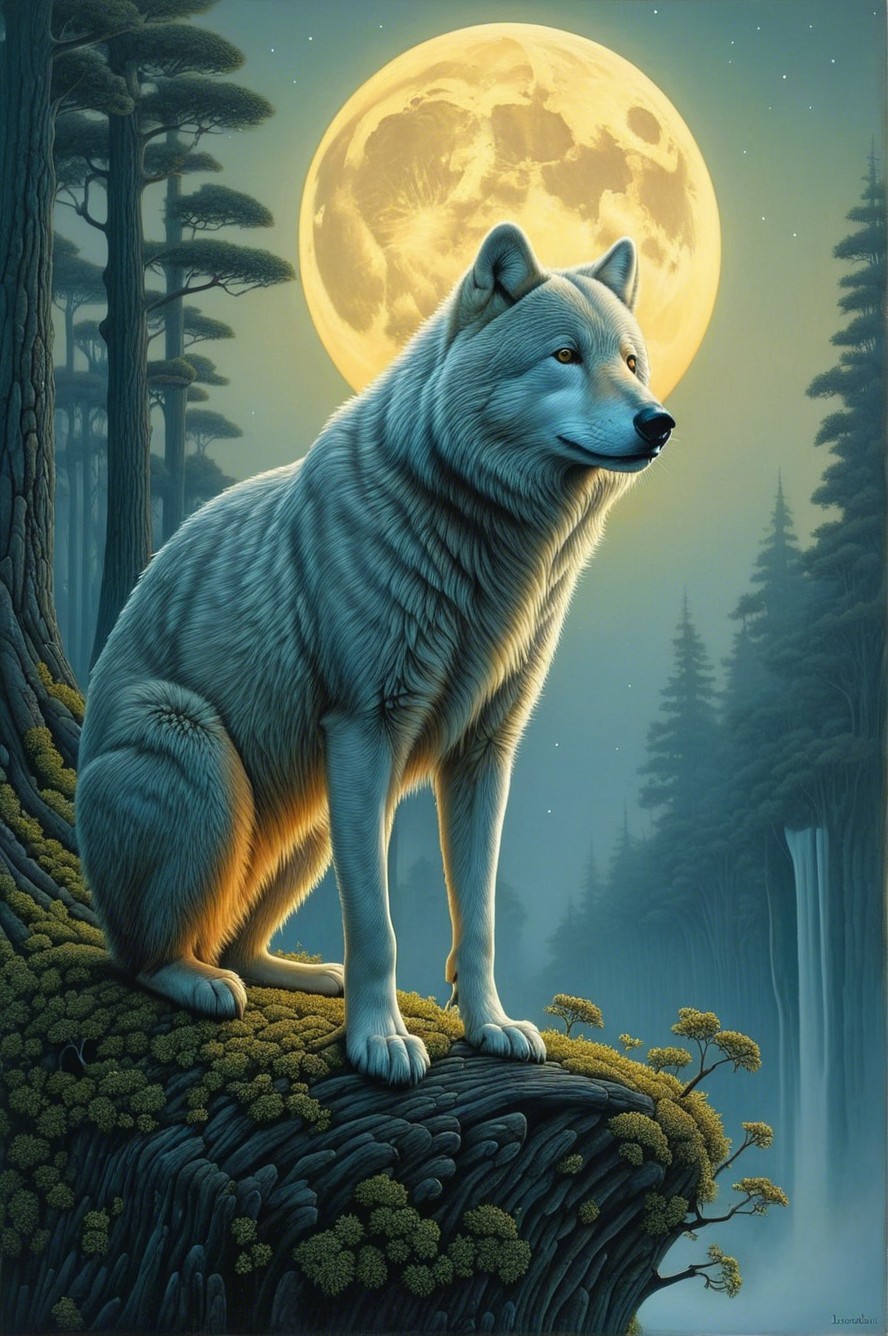 Majestic White Wolf on Mossy Cliff Under Full Moon