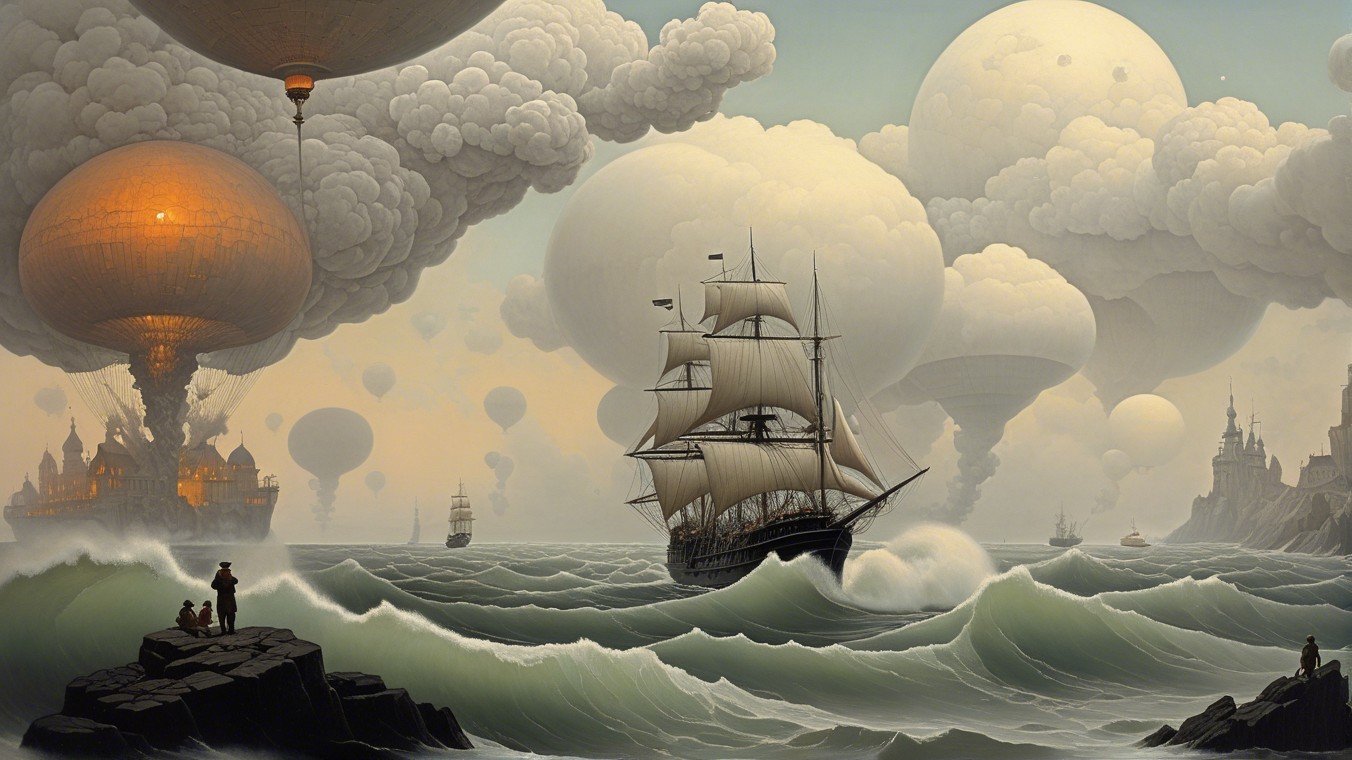 Majestic ship and hot air balloons in vibrant landscape