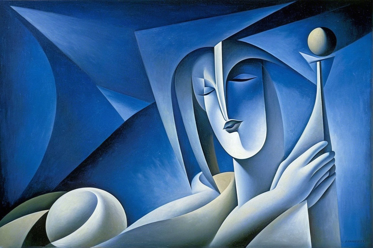 Stylized Figure in Deep Blue Tones with Geometric Shapes