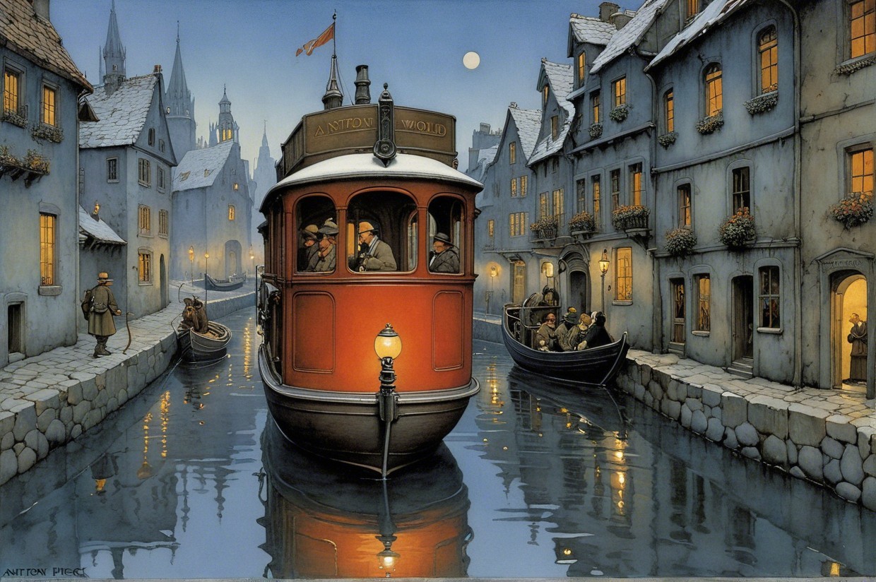 Charming Canal Scene with Red Boat and Snowy Rooftops
