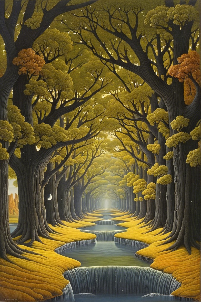 Vibrant Forest Landscape with Tranquil River and Waterfalls