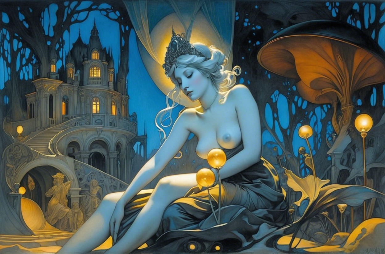 Ethereal Scene of a Figure Among Glowing Mushrooms