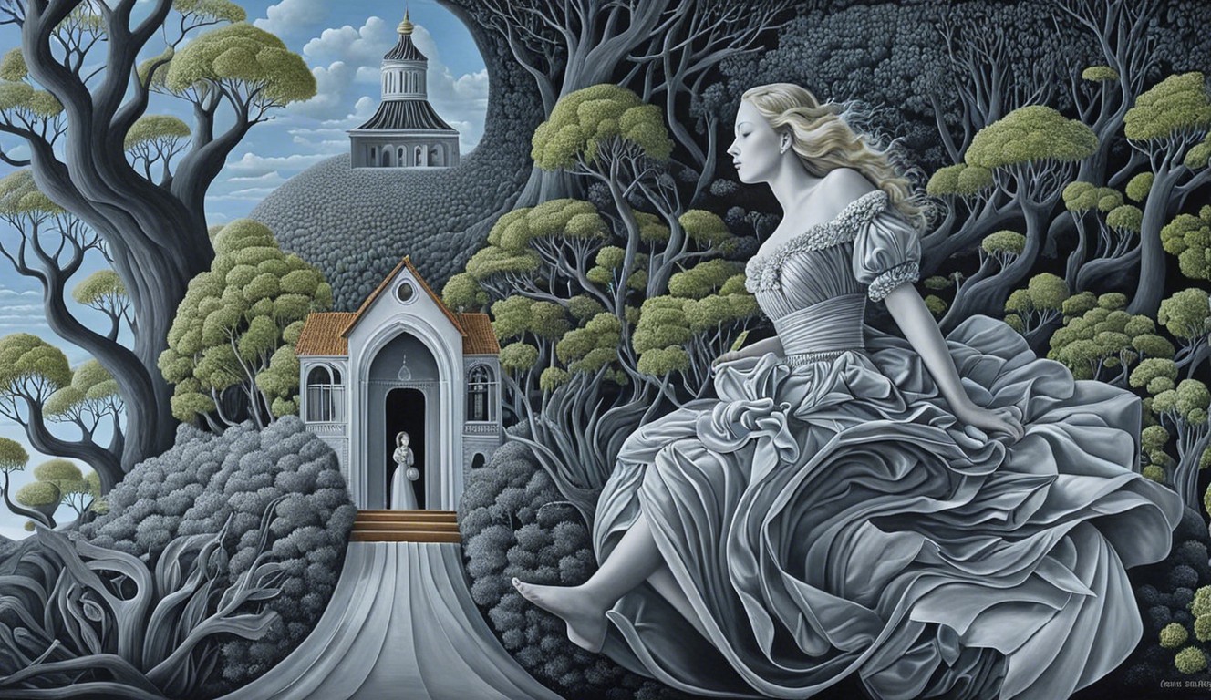 Surreal Landscape with Woman in Flowing Gown
