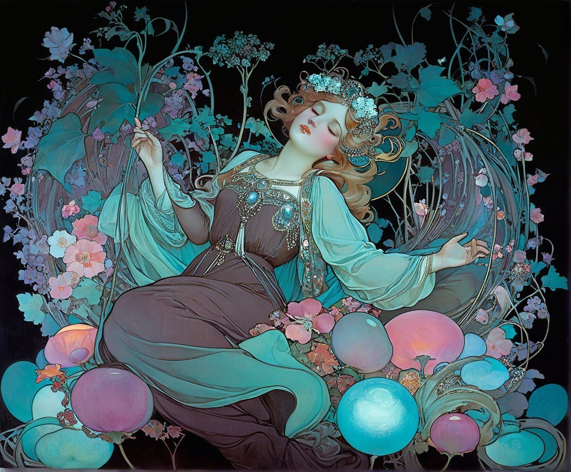 Serene Woman in Floral Gown Surrounded by Nature