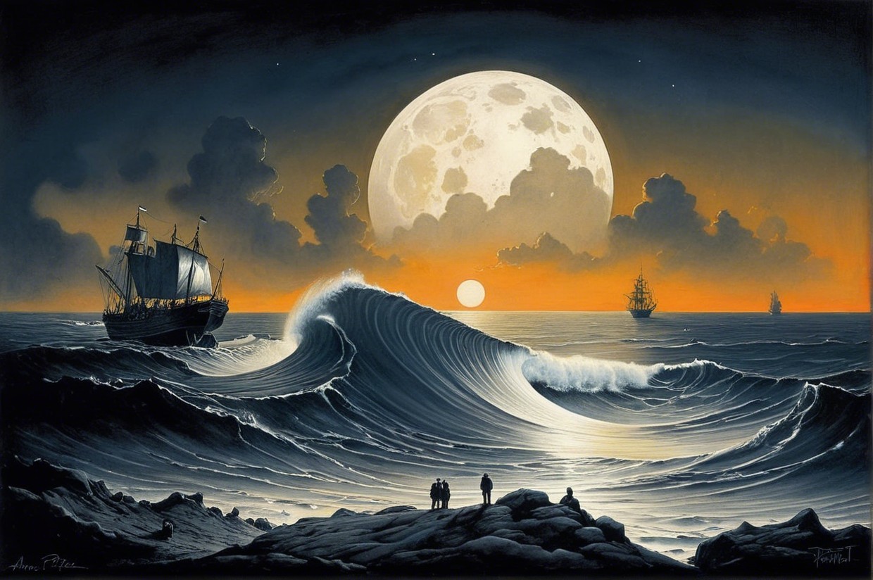 Dramatic Seascape with Waves and Moonlit Figures