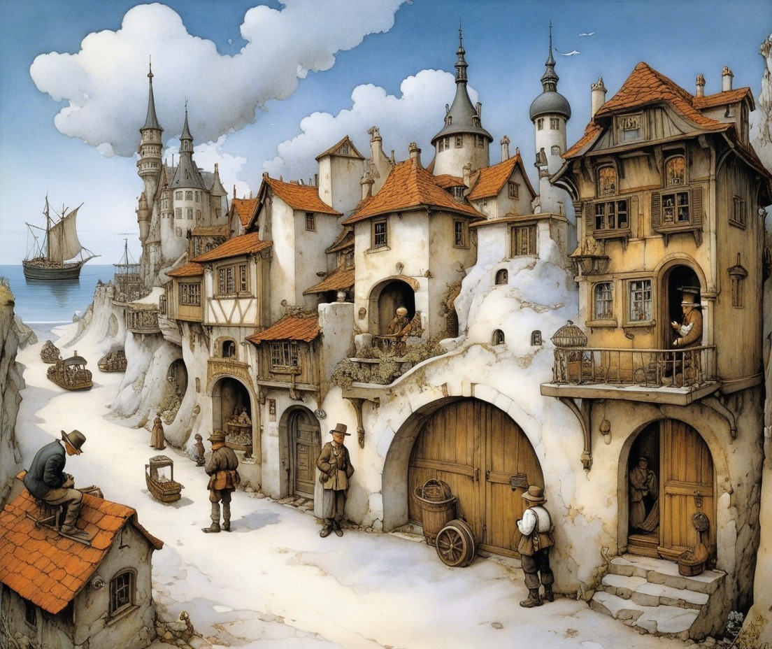 Medieval-Inspired Village with Crooked Buildings and Castles