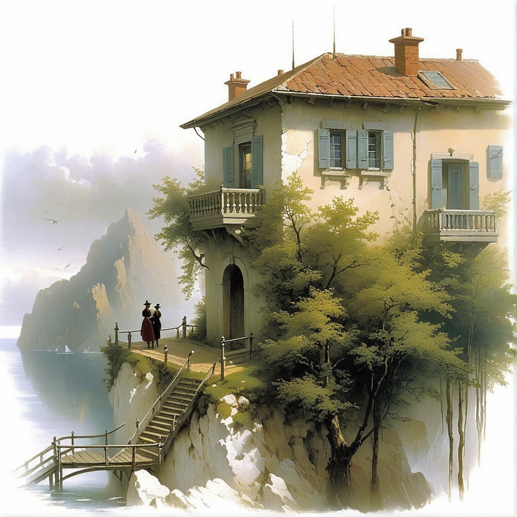 Coastal Scene with House, Figures, and Distant Mountains