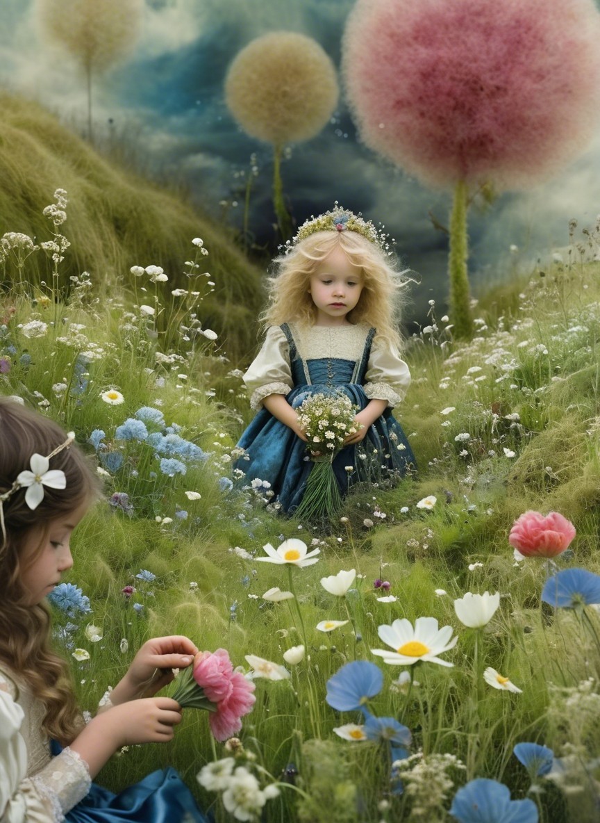 Young Girls in a Colorful Flower Field Landscape