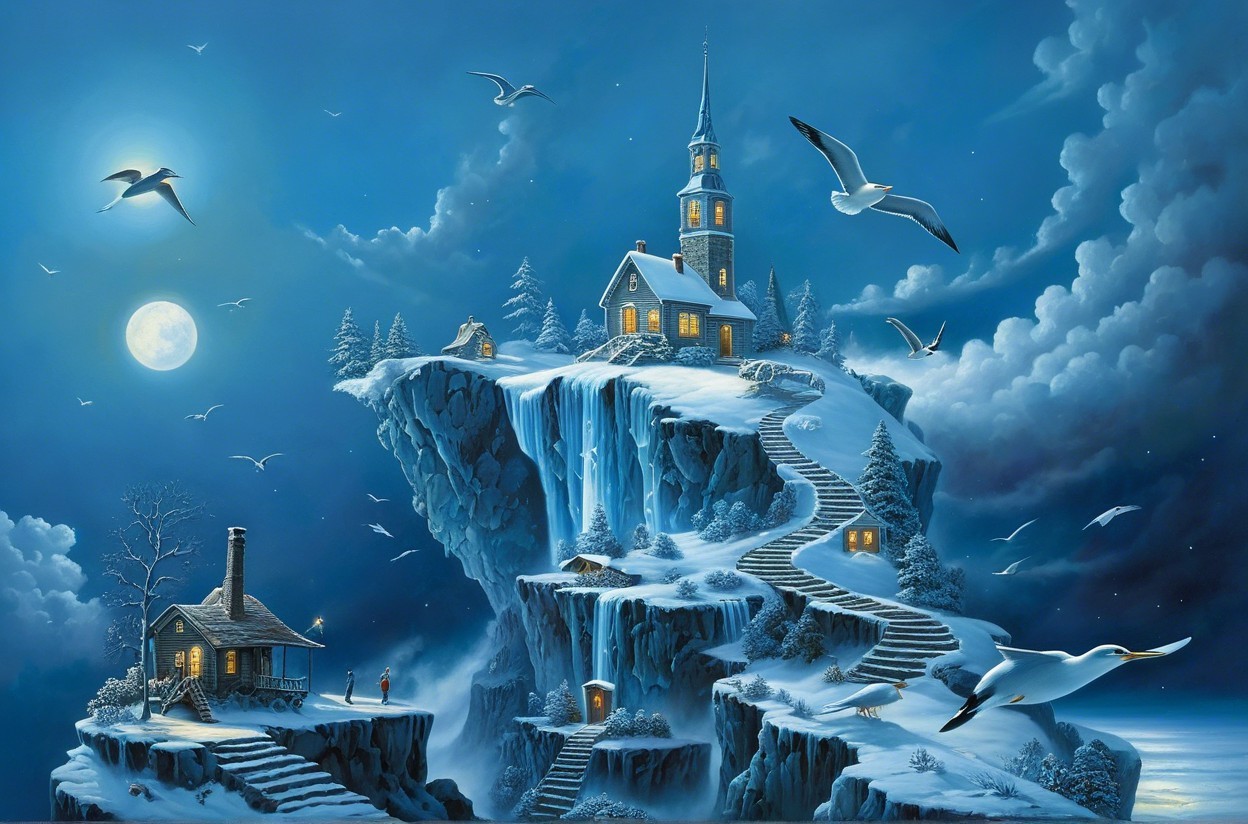 Winter Landscape with Cliffside House and Cabin
