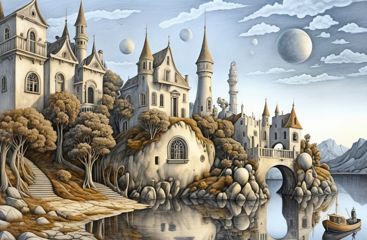 Whimsical Castle and Serene Lake in Grayscale Landscape