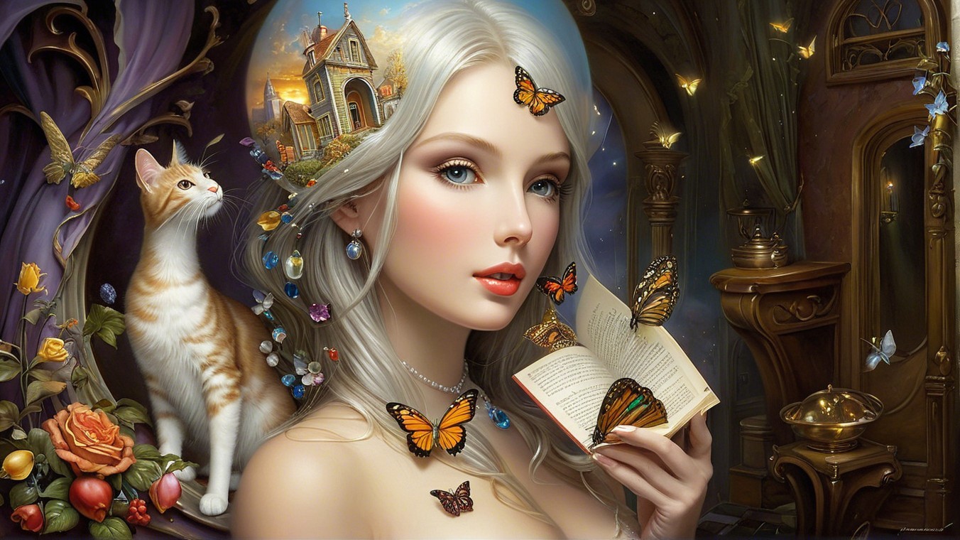 Ethereal Woman with Silver Hair and Enchanting Scene