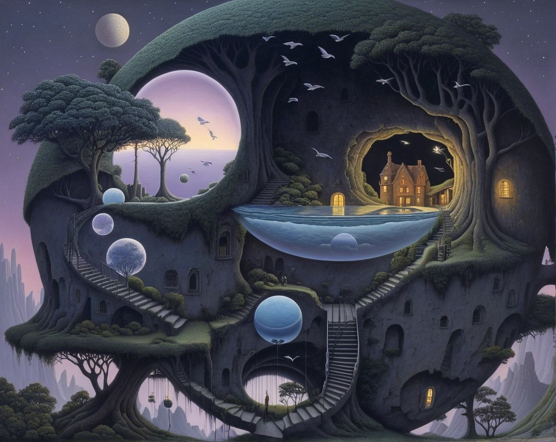 Surreal landscape with skull-shaped tree and cozy house