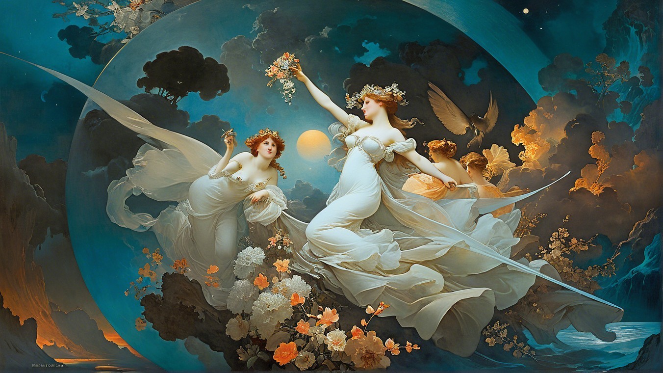 Ethereal Scene of Women in White Gowns and Flowers