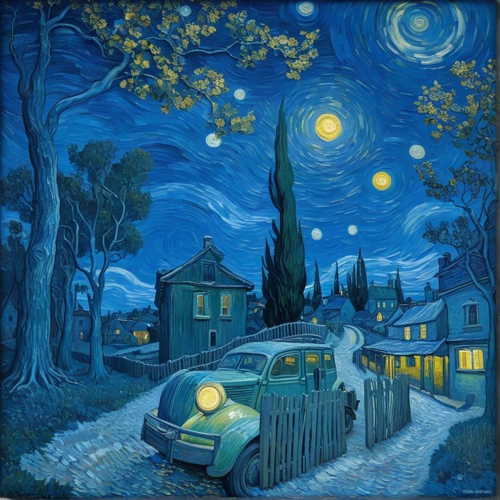 Starry Night Scene with Vintage Car and Quaint Homes