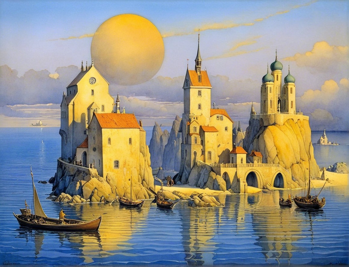 Whimsical Coastal Scene with Fairy-Tale Buildings