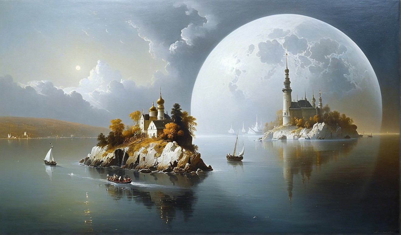 Serene Landscape of Two Islands with Ancient Structures