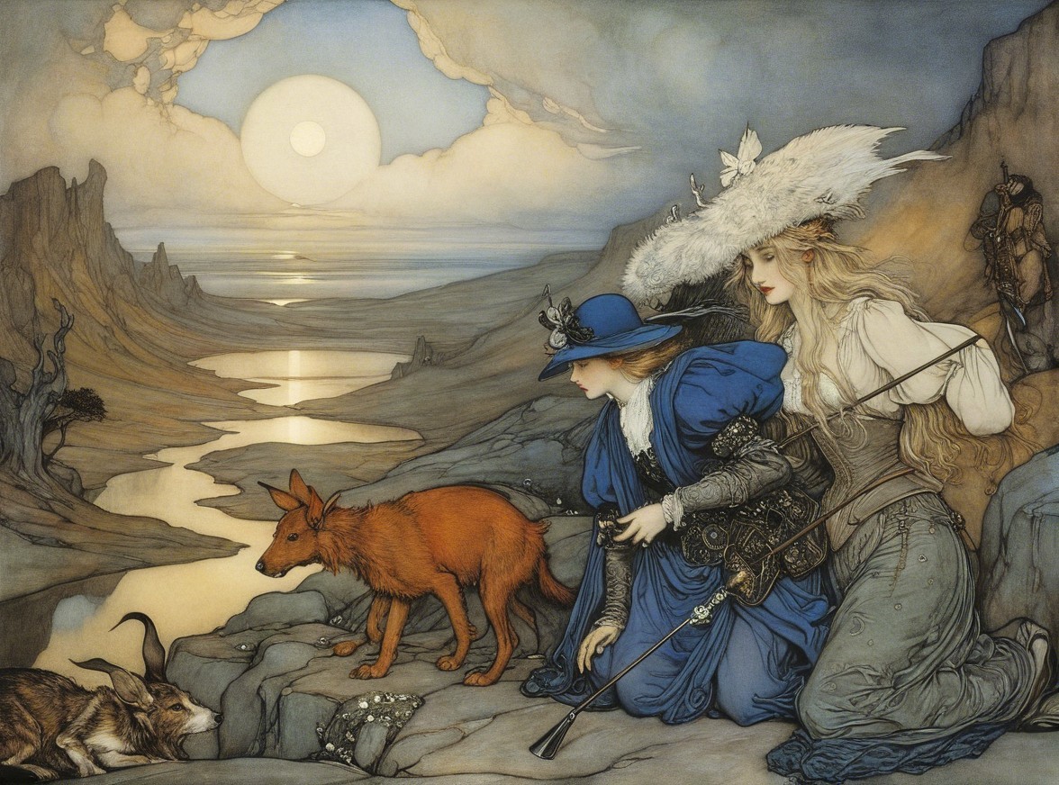 Elegant Women by Riverbank at Sunset with Fox