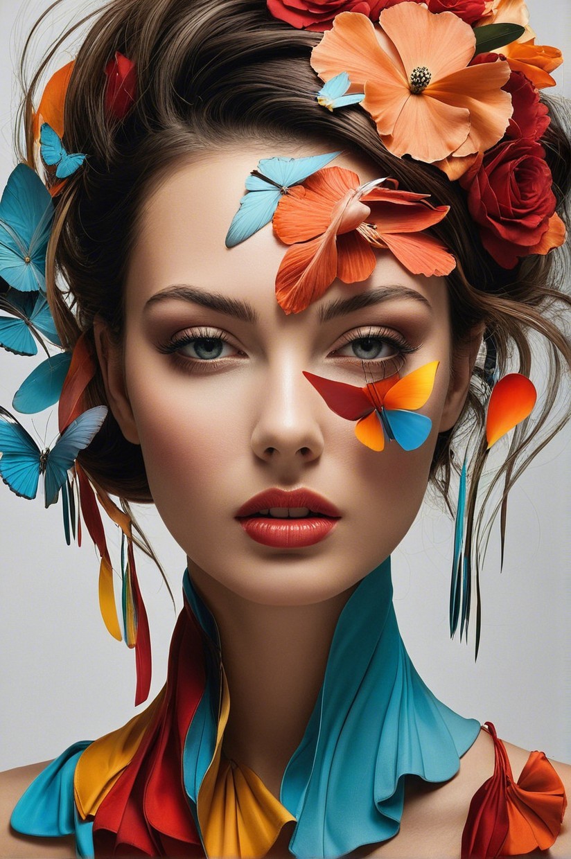 Portrait of a woman with flowers and butterflies